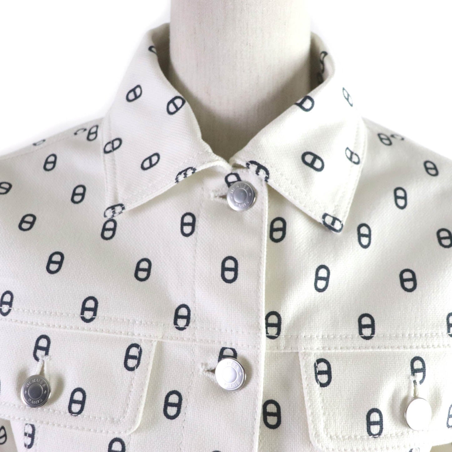 HERMES Denim Jacket Outer: 98% cotton, Outer: 2% polyurethane, Part: leather, Lining: 100% cotton White navy Women 40