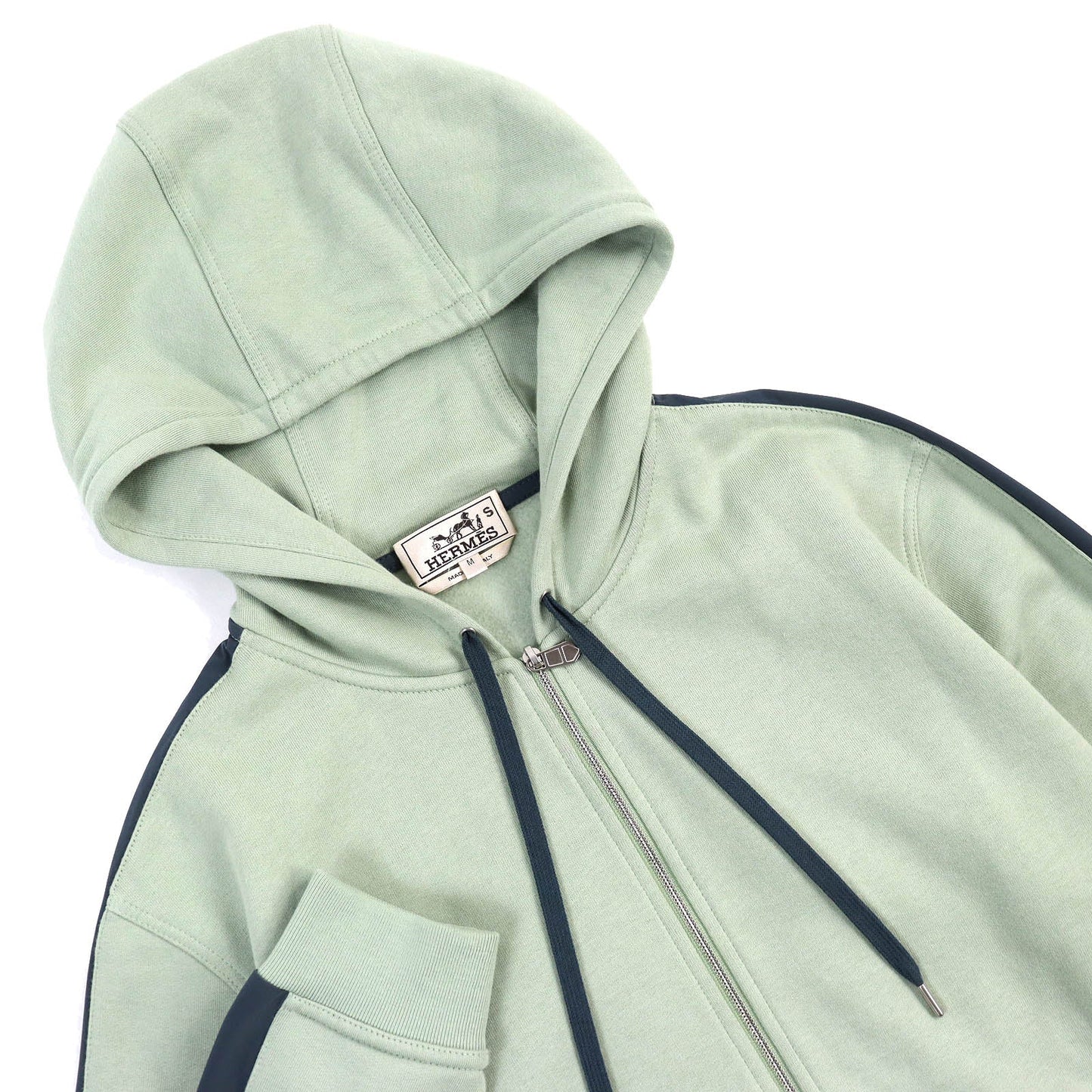 HERMES Hoodie Main: 100% cotton, Switching parts: 80% nylon & 20% polyurethane, Cuffs and hem: 90% cotton, 10% polyurethane, Attached string: 100% cotton Light green type Run H mens M