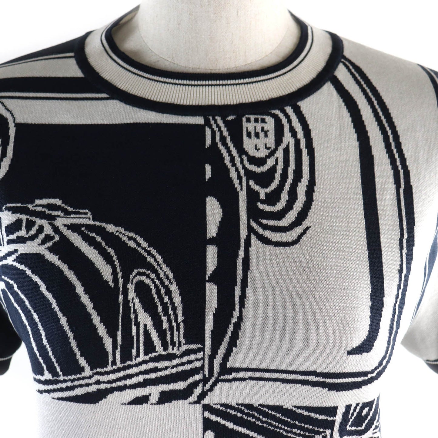 HERMES Short sleeve knit silk Navy white chaos Women 38