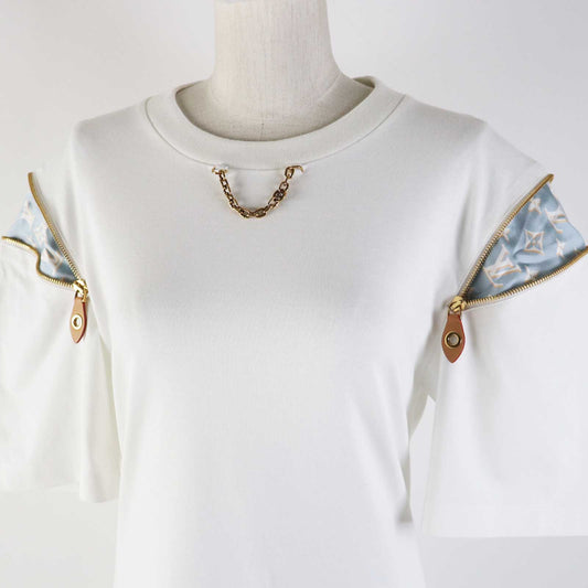 LOUIS VUITTON one piece 1ABRXK Main: 100% cotton, Parts: 70% silk, 30% cotton, Synthetic leather: 60% polyurethane, 20% cotton, 20% polyester, Zipper pull: Cowhide, zinc alloy, brass White light blue Zipper sleeve T-shirt dress Women XS
