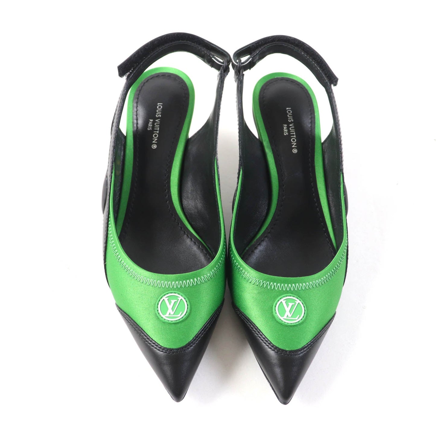 LOUIS VUITTON pumps Satin, Leather Black green arc light line LV Circle Logo Velcro Strap Women 35