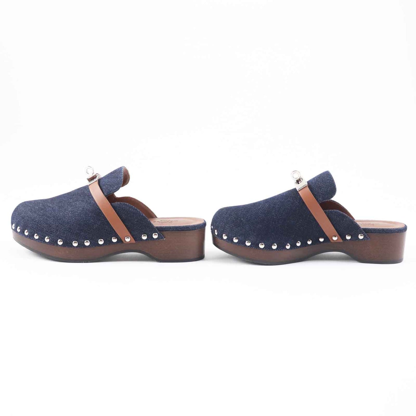 HERMES Sandals Main: Denim, Part: Leather, Part: Wood Indigo blue Carlotta Women 35