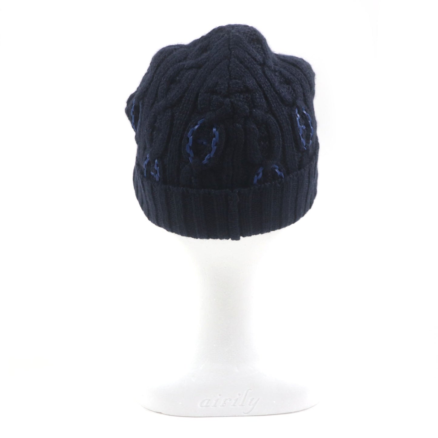 HERMES Knit cap H232073N Main: 100% cashmere, Leather part: Sheepskin Navy Tri-Maion mens L