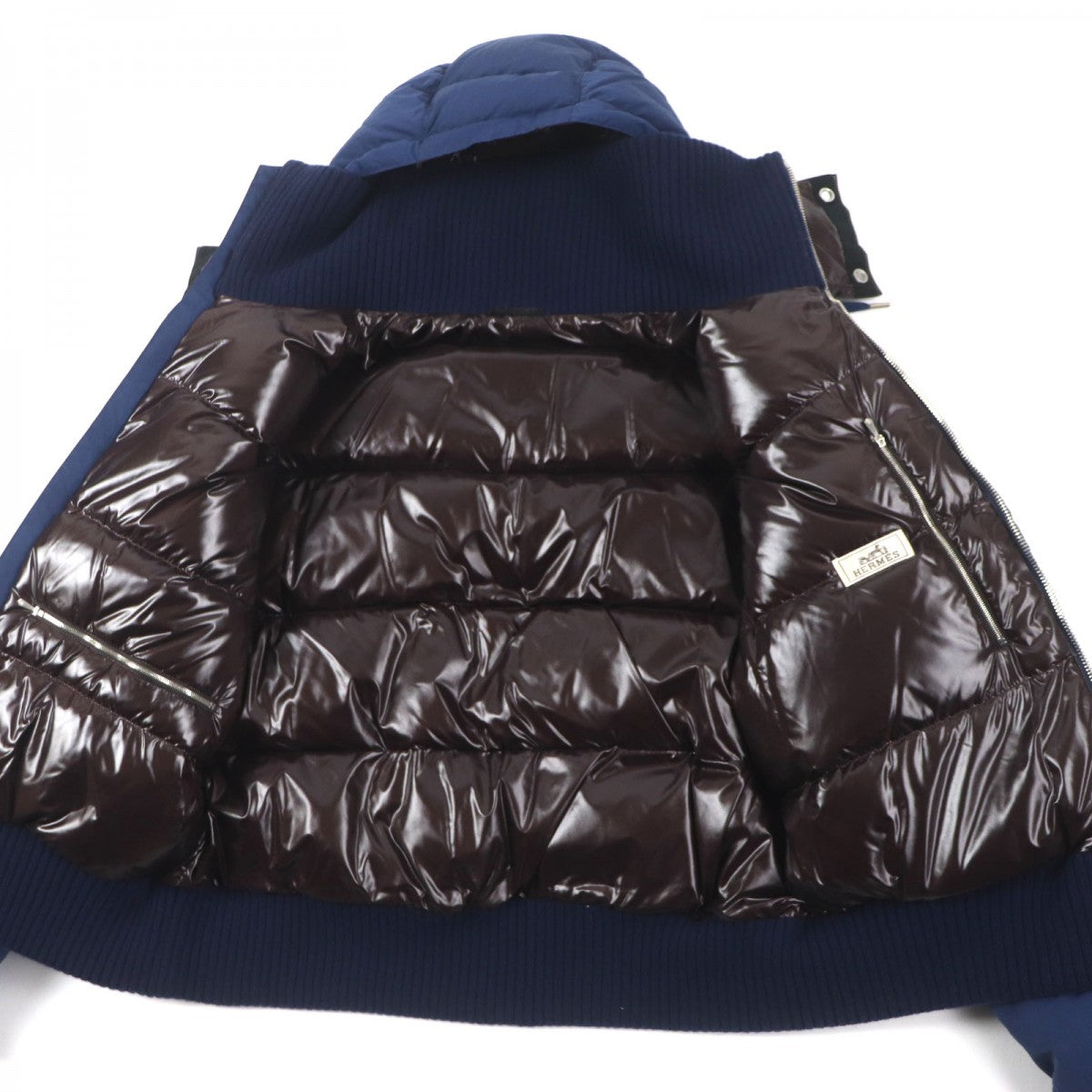 HERMES Down jacket Main: 100% nylon, Lining: 100% nylon, Leather part: sheepskin, Part: 68% wool, Part: 29% cashmere Navy mens 46