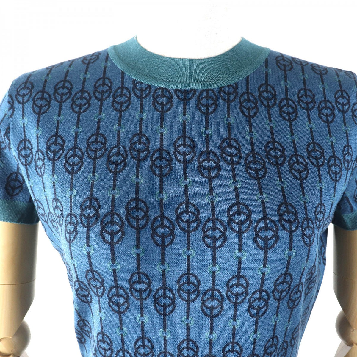 HERMES Short sleeve knit 2E2601D4 Main: 92% silk, Main: 6% nylon, Main: 2% polyurethane blue-black Women 40