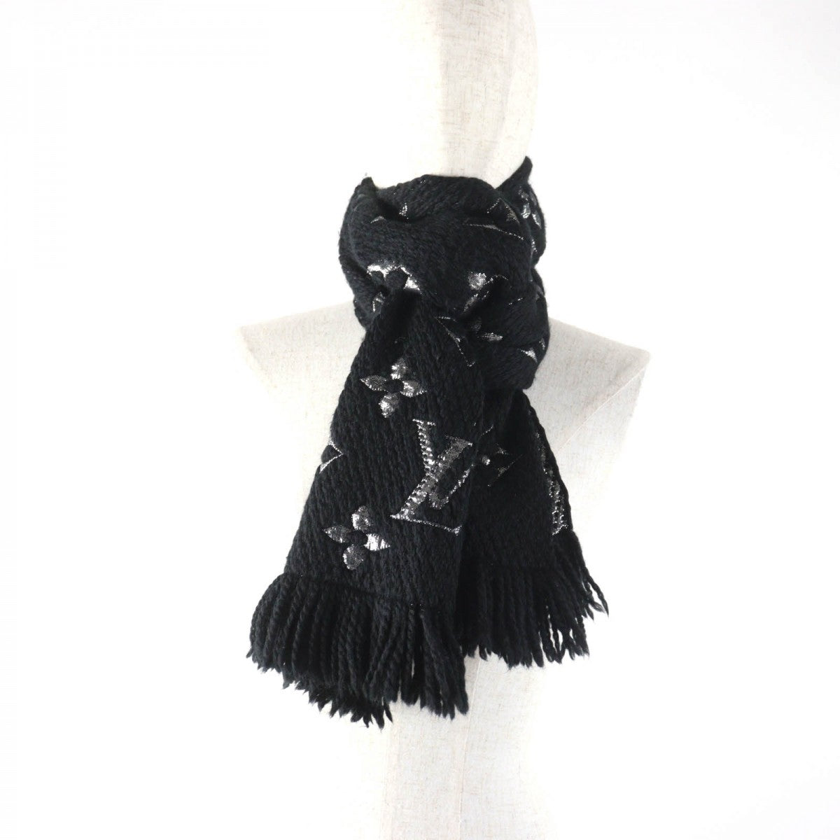 LOUIS VUITTON Scarf M75833 Main: 95% wool, Main: 3% silk, Main: 2% polyester Noir Escalp Logo Mania Shine Women