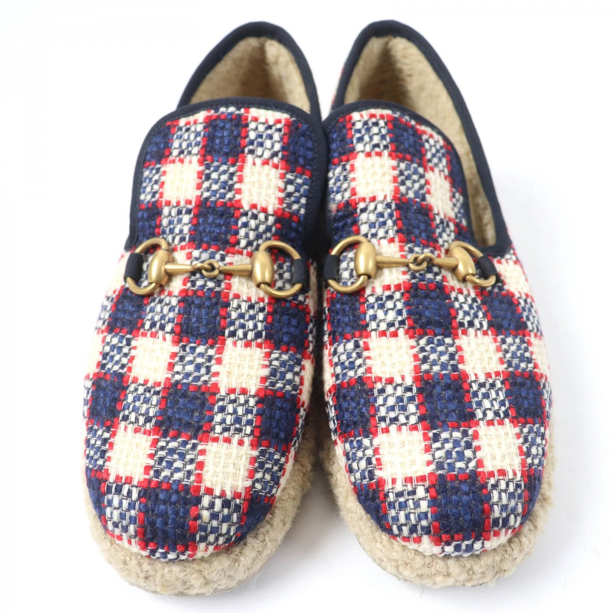 GUCCI Leather shoes Tweed, Boa multicolor Check Pattern Horsebit Medium Bore Women 38 1/2