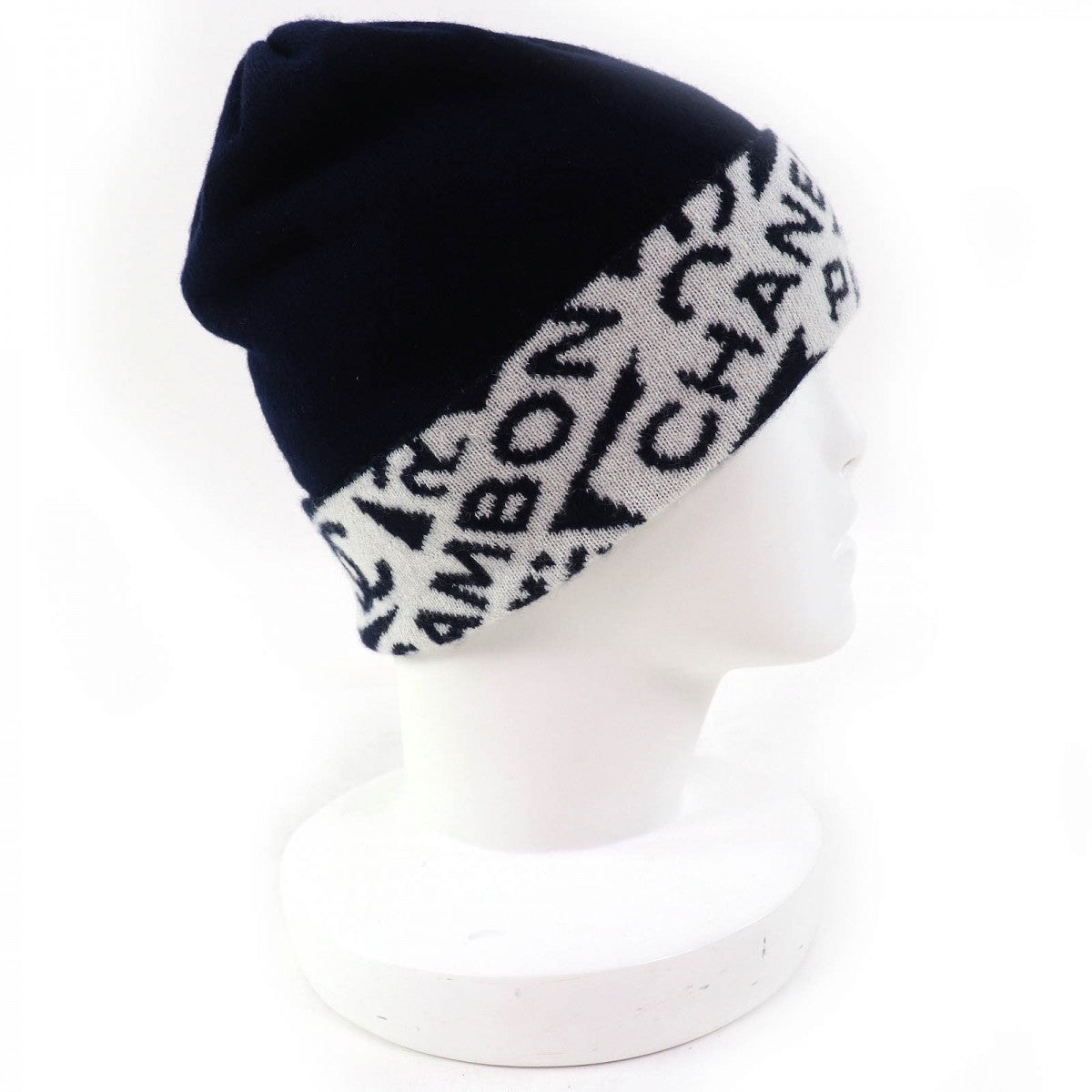 CHANEL Knit cap cashmere Navy white