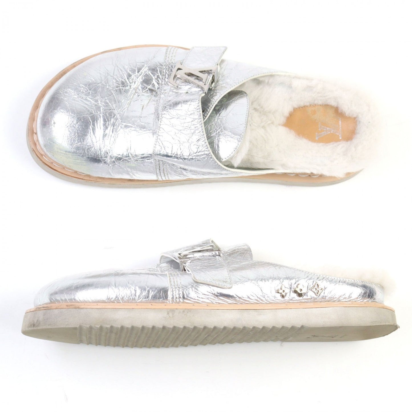 LOUIS VUITTON Sandals 1A9INM leather Silver LV Easy Line Mules 7