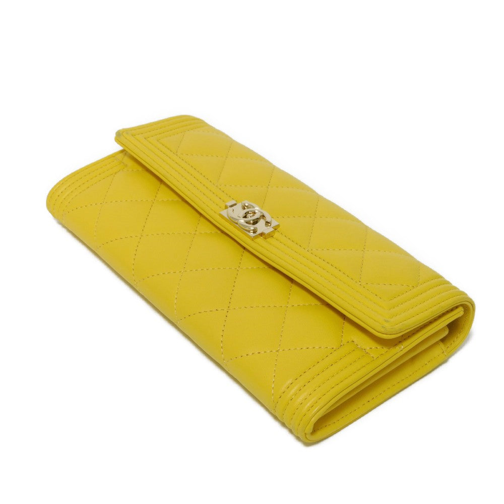 CHANEL Long Wallet Purse A80286 lambskin yellow COCO Mark Quilted Lambskin 27 Series Matrasse Boy Chanel Long Flap Wallet unisex(Unisex)