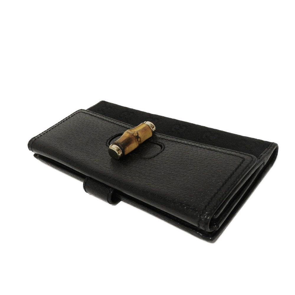 GUCCI Long Wallet Purse 137374 GG canvas x calf leather black Long flap wallet GG canvas Bamboo Turnlock Continental Wallet unisex(Unisex)