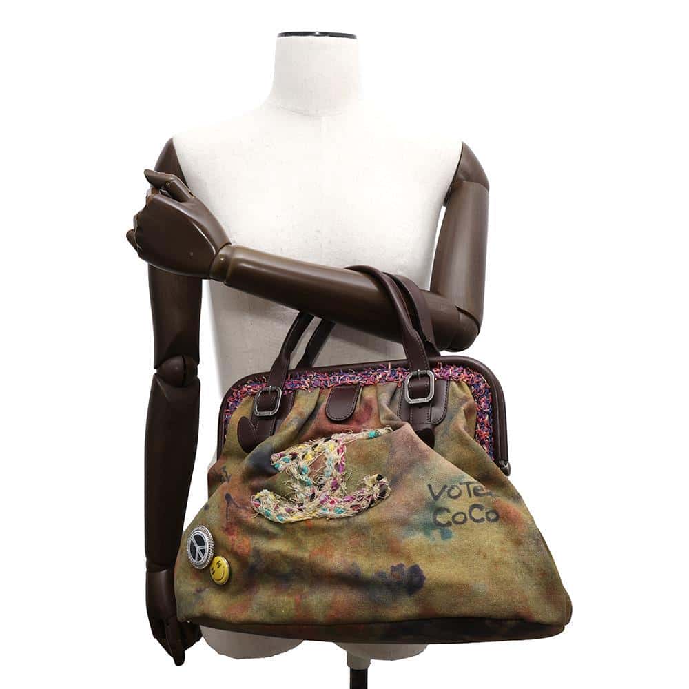 CHANEL Embroidery Graffiti Bag Khaki/BrownA92791 Canvas Leather