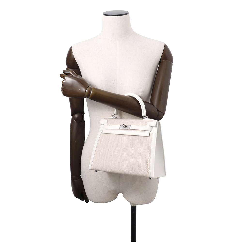 HERMES Kelly Sellier Ecru/New White Toile H Swift Leather Size 25