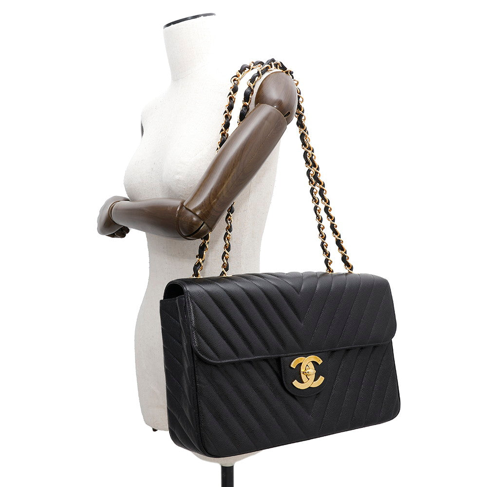 CHANEL V Stitch ChainShoulder Bag BlackA03660 Caviar Leather Size 34