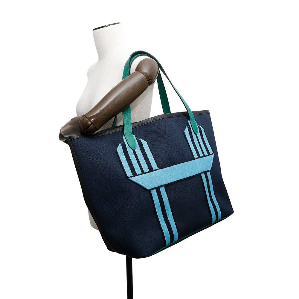 HERMES Pur Sangle Tote Bag Marine/Vert Vertigo Toile Military Taurillon Clemence Sangle Woolie