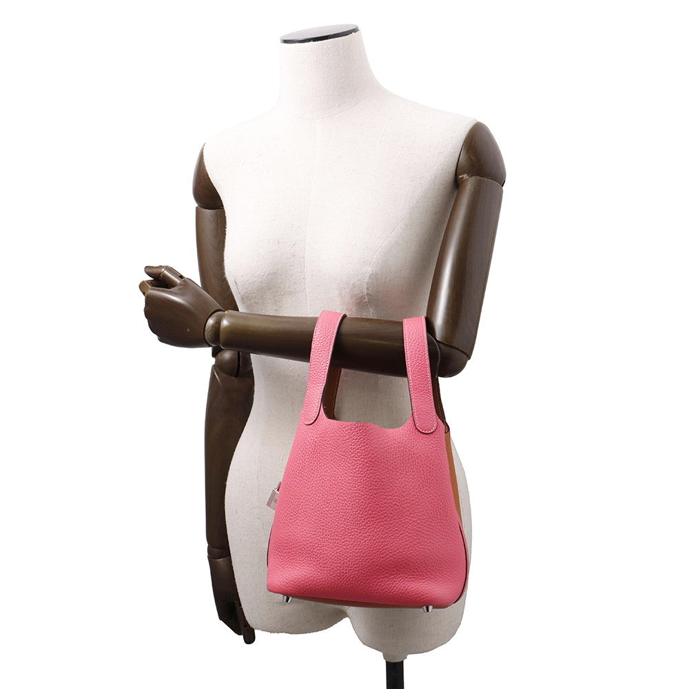 HERMES Picotin Lock Casaque Sesame / Rose Azalee Taurillon Clemence Size PM