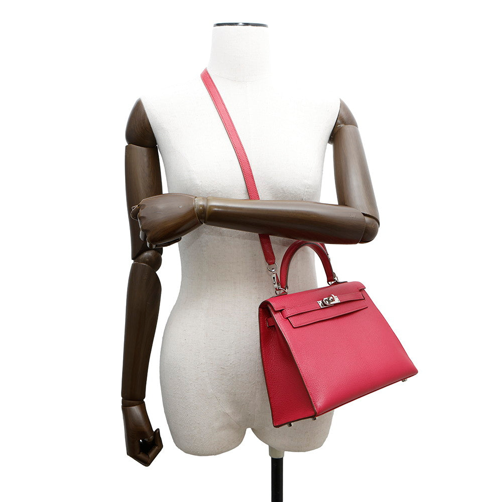 HERMES Kelly Sellier Framboise Chevre Myzore Goatskin Size 25