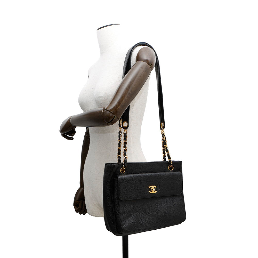 CHANEL CC Logo ChainTote Bag Black Caviar Leather