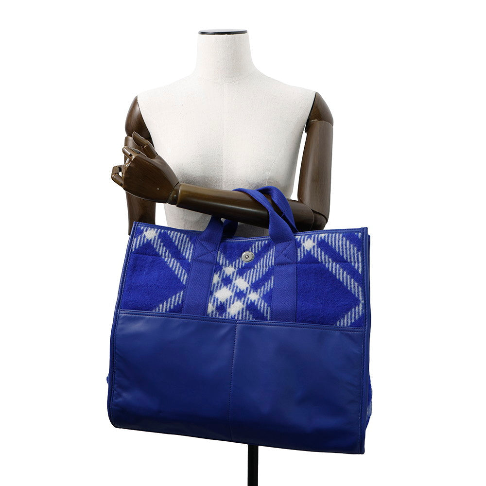 BURBERRY Check Shopper Tote Bag Blue8075132 Wool Leather