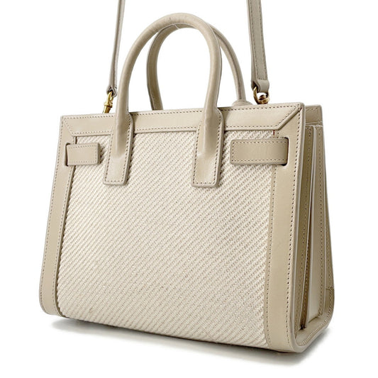 SAINT LAURENT PARIS Jour Beige/Ivory400632 Calf Leather Cotton Linen Size Nano