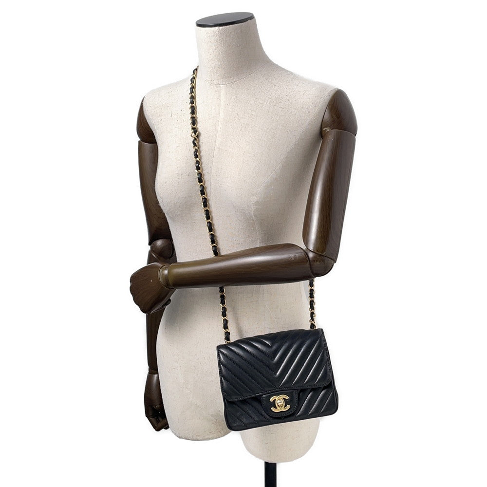 CHANEL Chevron Mini ChainShoulder Bag BlackA35200 Lambskin Size 18