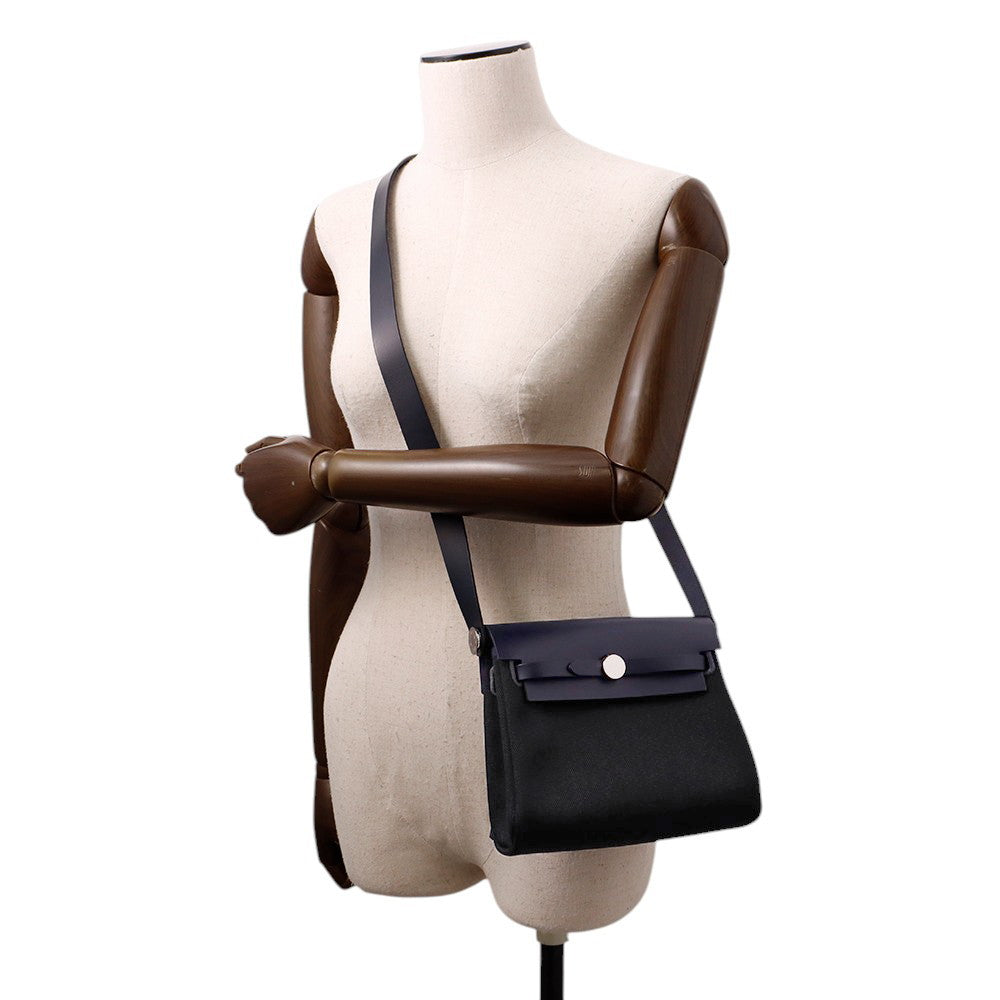 HERMES Herbag zip Blue Indigo/Black Toile Military Vache Hunter Leather Size Mini
