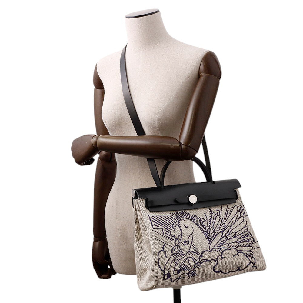 HERMES Herbag Zip Pegasus Pop Black/Blue Indigo/Ecru Toile H Vache Hunter Leather Size PM/31