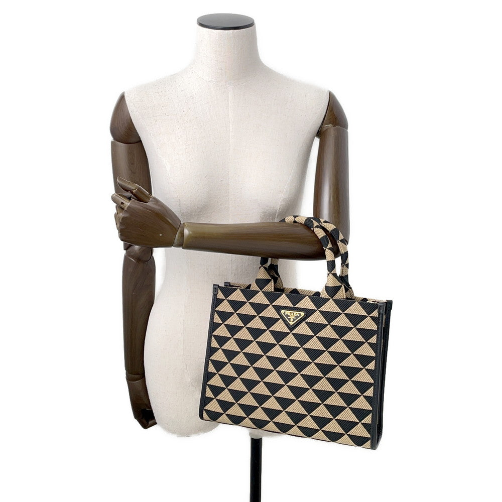 PRADA Symbol EmbroideryFabric Small Handbag Black/Beige1BA354 Jaguar Leather