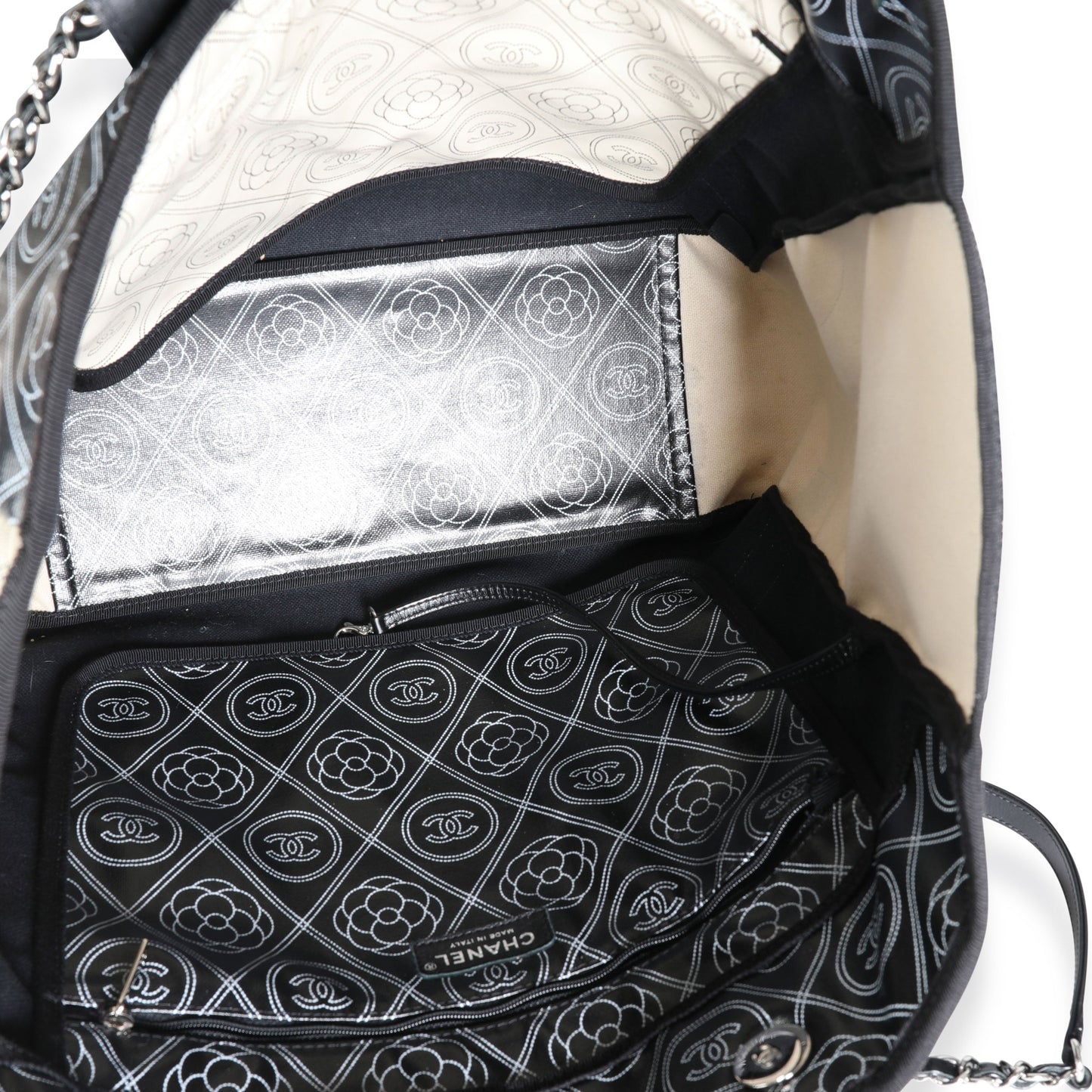 Chanel Black and Beige Coated Canvas and Leather Camellia & CC Print Shopper Tot