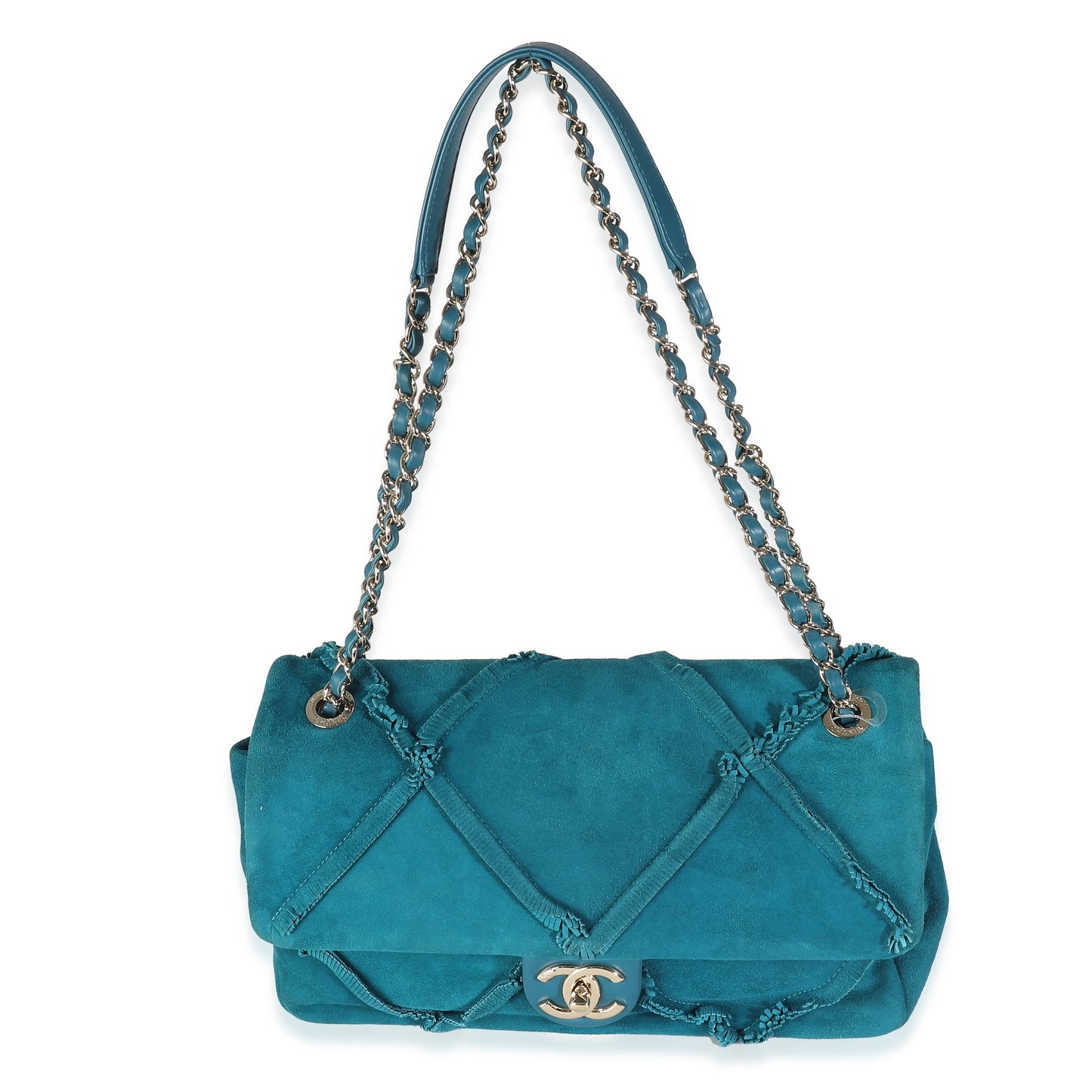 Chanel Teal Suede Goatskin Diamond Fringe Medium Flap Bag