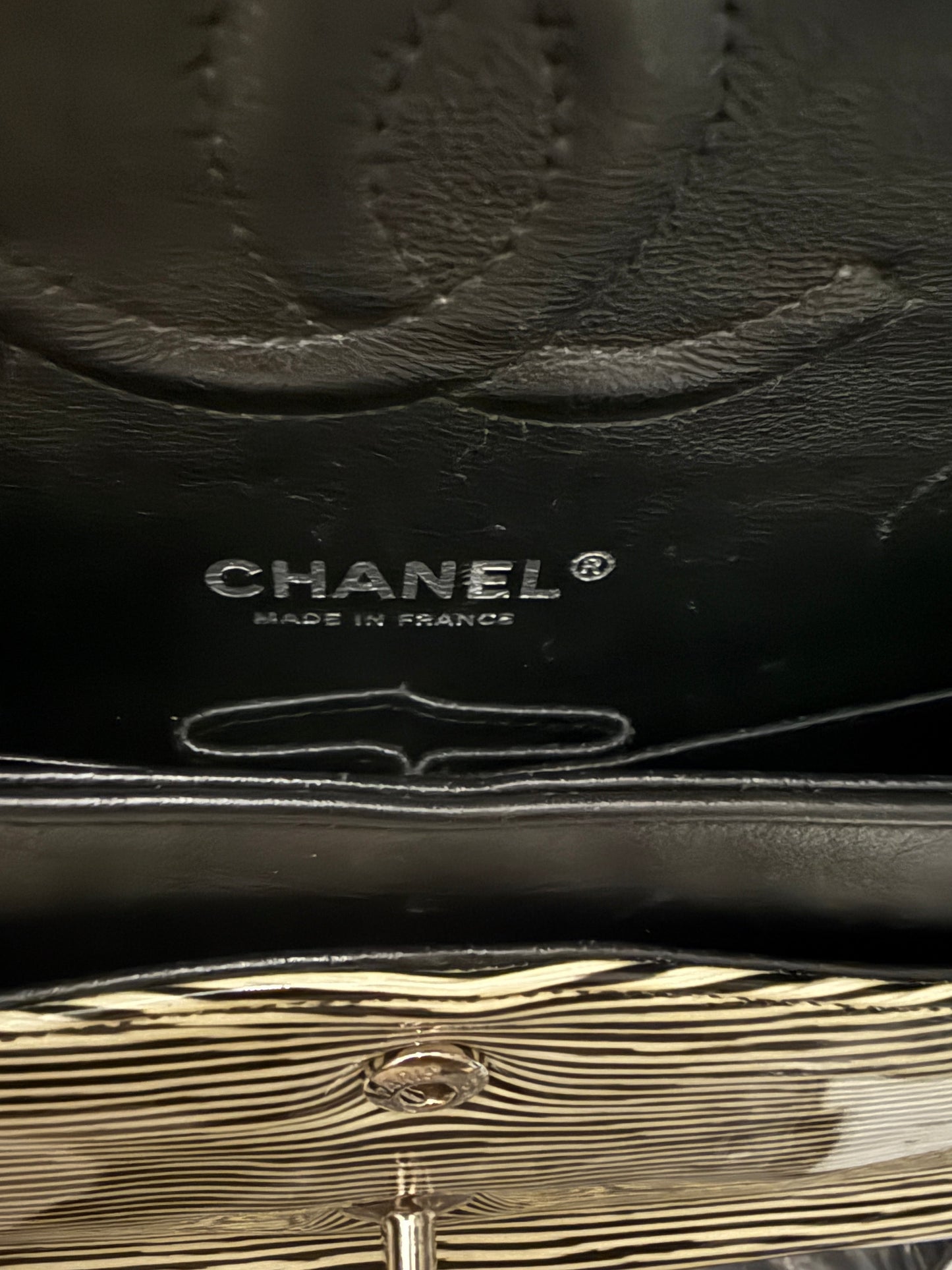 Chanel Black White Striped Patent Medium Classic Double Flap Bag
