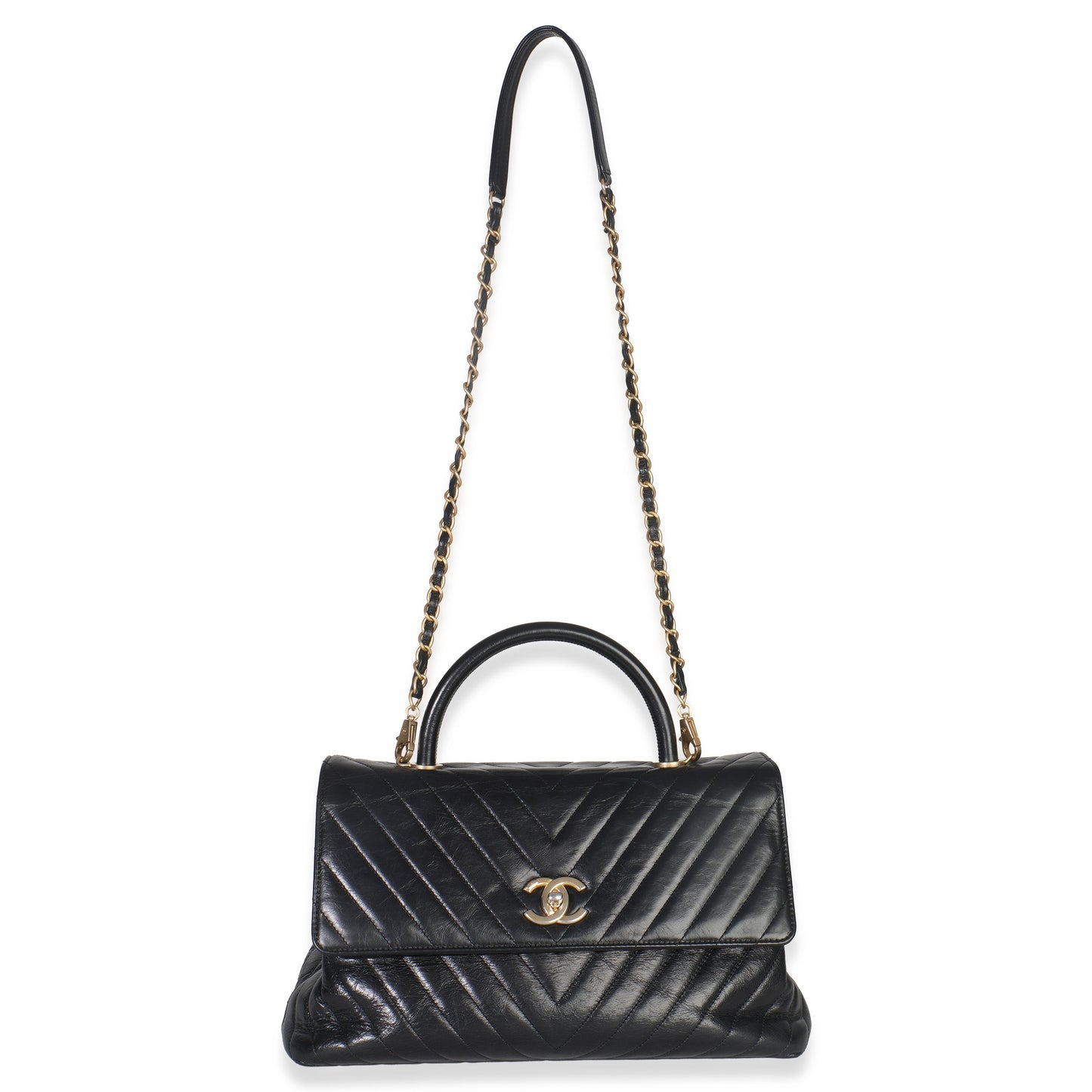Chanel Black Chevron Aged Calfskin Large Coco Top Handle Bag