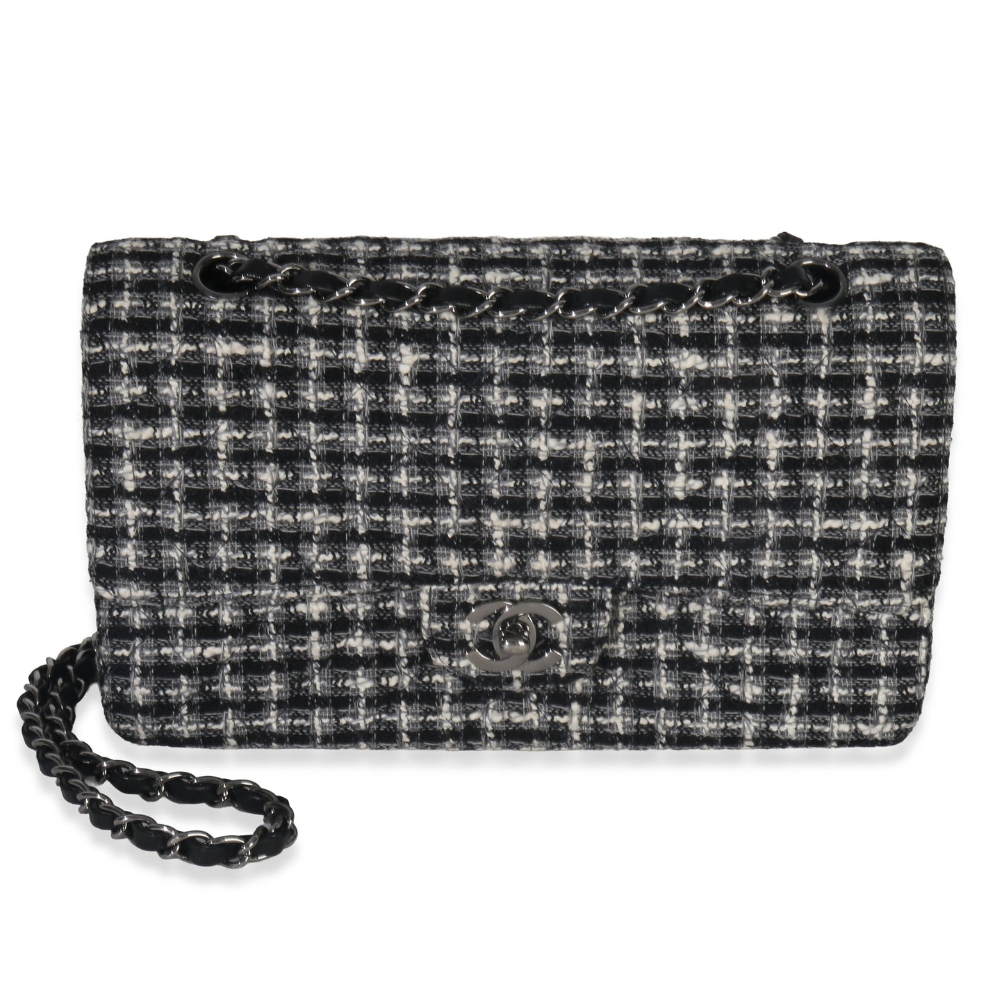 Chanel Black White Tweed Quilted Medium Classic Double Flap