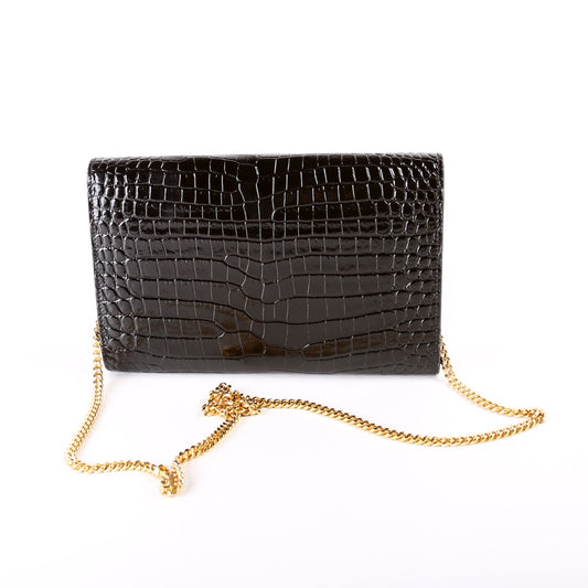 Saint Laurent Uptown Chain Wallet Croc Embossed 607788 Black Bag