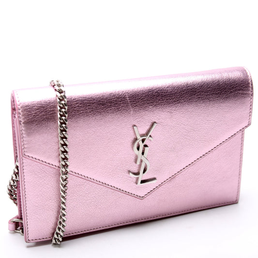 Saint Laurent Envelope Chain Wallet Metallic Calfskin 402031 Purple Bag