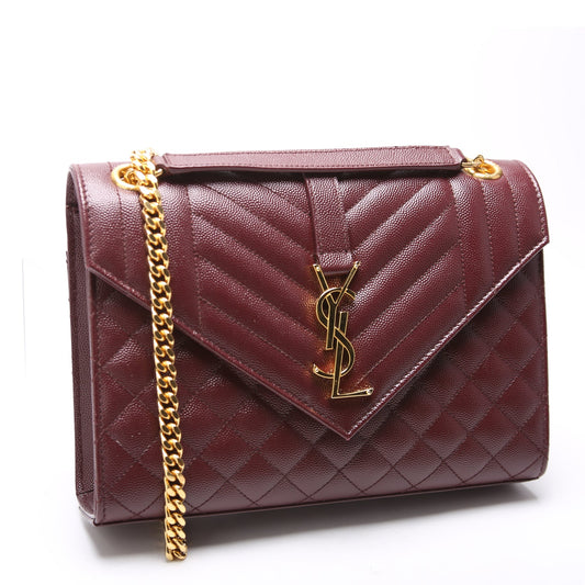Saint Laurent Envelope Medium Grain De Poudre Triquilt Maroon Bag
