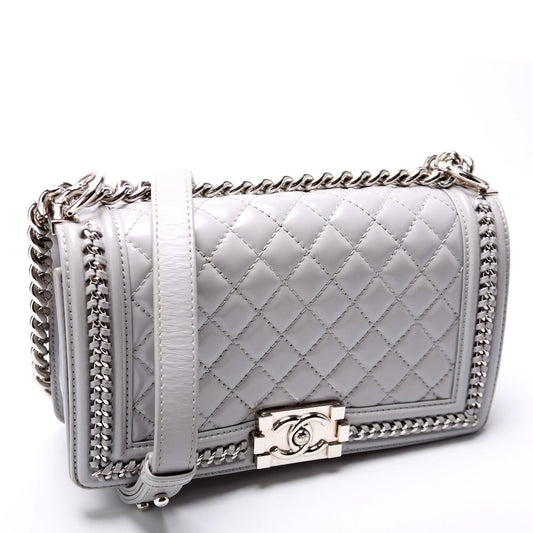 Chanel Boy Flap Medium Chain Around Quilted Lambskin 30M Grey Bag