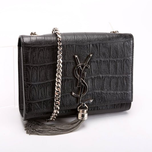 Saint Laurent Kate Tassel Crocodile Embossed Small 354120 Black Bag