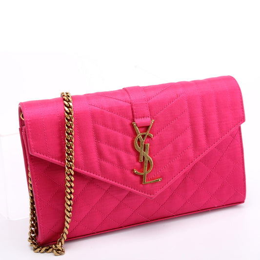 Saint Laurent Triquilt Satin Chain Wallet Pink/Gold Bag
