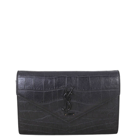 Saint Laurent Monogram Envelope Chain Wallet Croc-embossed