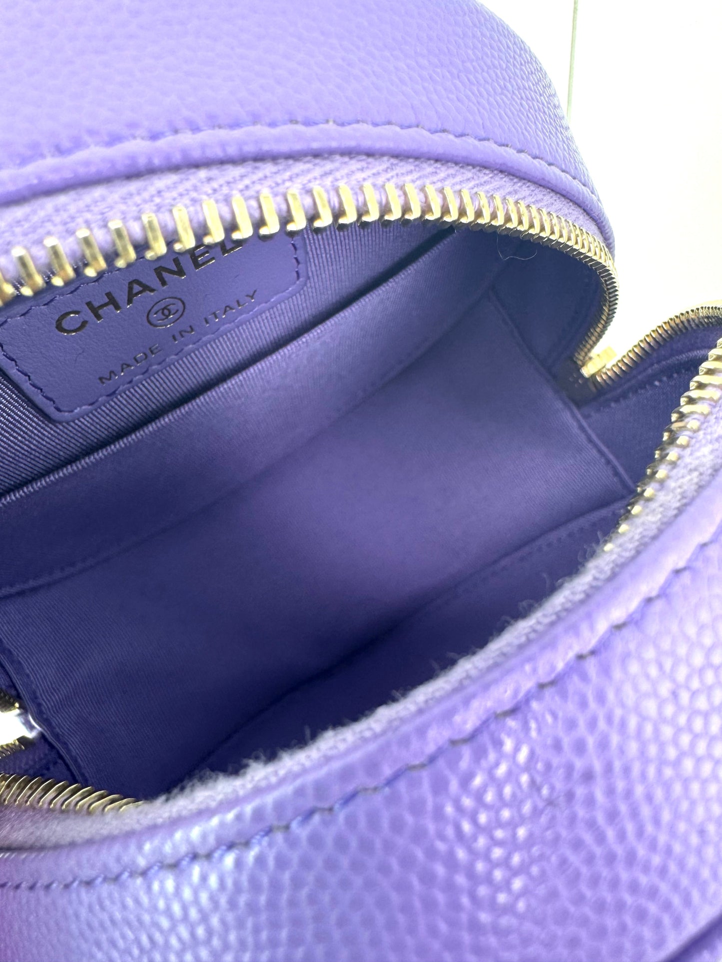 Chanel Caviar Quilted Round Clutch With Chain Purple