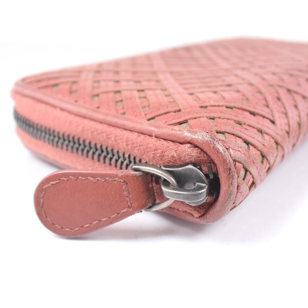 BOTTEGAVENETA Long Wallet Purse lambskin Red tea INTRECCIATO Zip Around Women