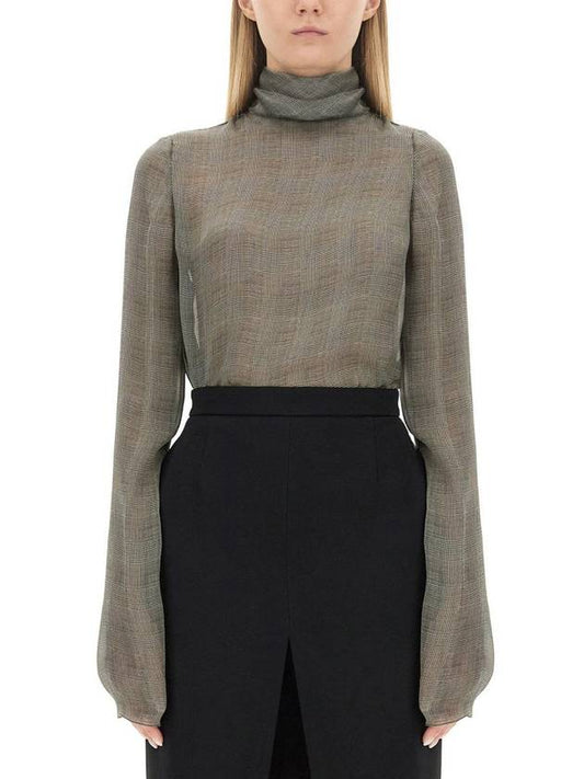 Luxury Saint Laurent Trending 2025 Tartan Silk Turtleneck Blouse Grey