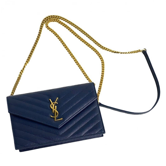 SAINT LAURENT Shoulder Bag leather Navy YSL logo Metal Envelope wallet bag Women
