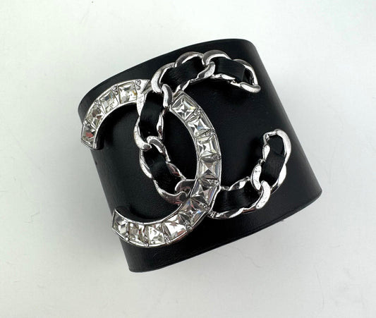 Chanel Lambskin Baguette Crystal CC Chain Cuff Bracelet black