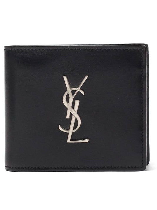Luxury Saint Laurent Trending 2025 Logo Plaque Half Wallet Black