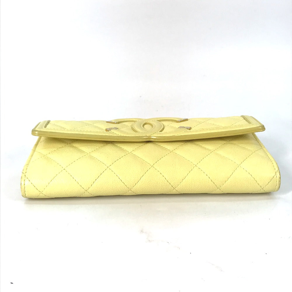 CHANEL Long Wallet Purse Caviar skin yellow Two fold Long wallet Filigree CC COCO Mark Women