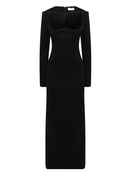 Luxury Saint Laurent Trending 2025 Off Shoulder Scoop Neck Wool Long Dress Black