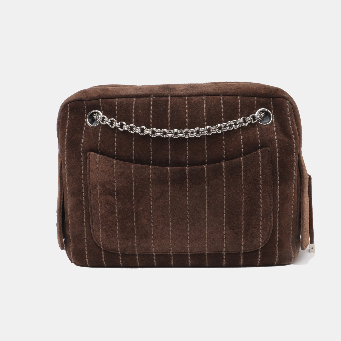 Chanel Mademoiselle Camera Bag Chocolate Brown Suede Silver Chain 2005-2006