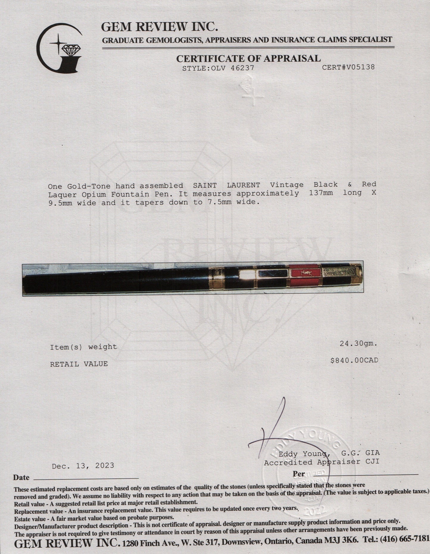 Saint Laurent Vintage Gold-Tone Black Lacquer Opium Fontain Pen